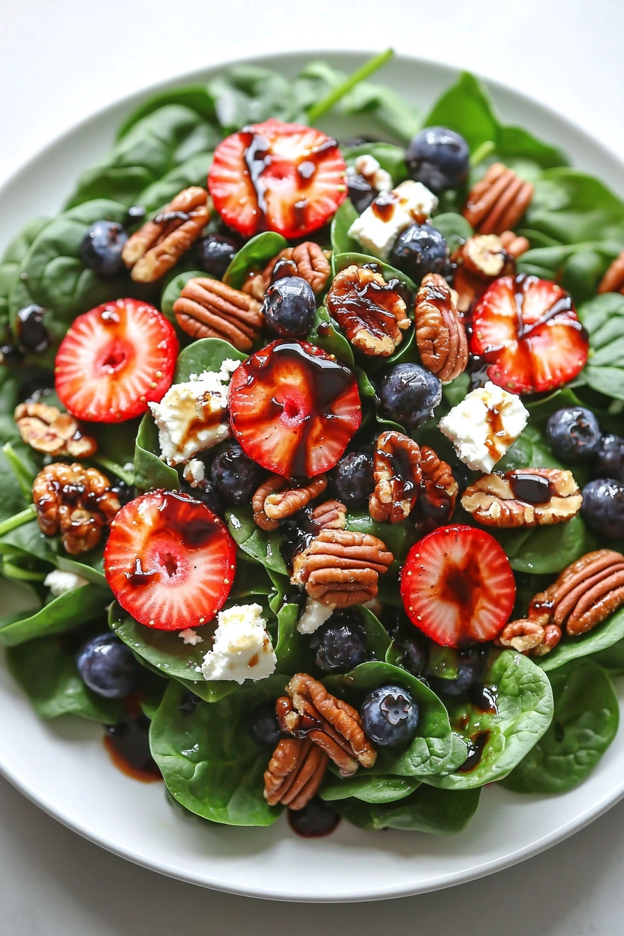 30-Minute Strawberry Spinach Salad with Blueberries, Pecans, Feta cheese, and a Balsamic glaze