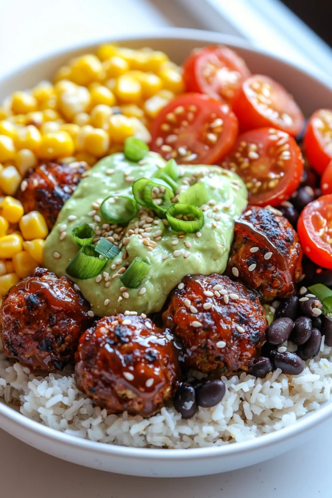 Barbecue Meatball Bowls with Avocado Goddess Sauce