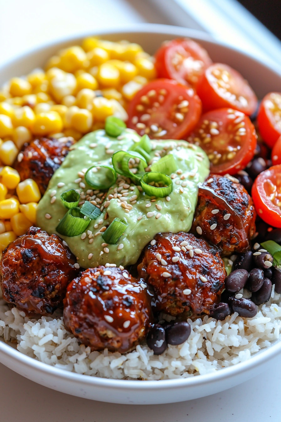 Barbecue Meatball Bowls with Avocado Goddess Sauce
