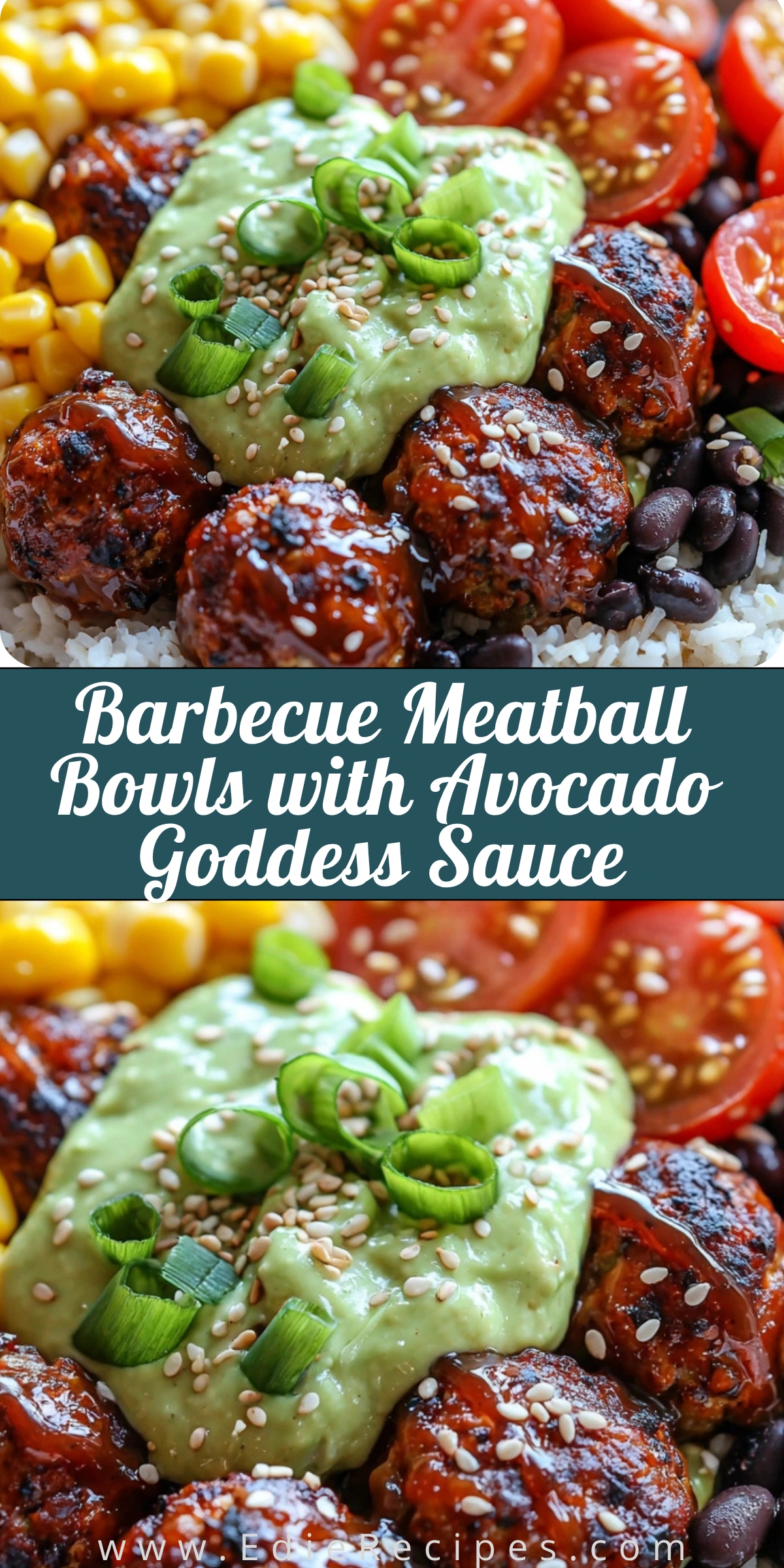 Barbecue Meatball Bowls with Avocado Goddess Sauce