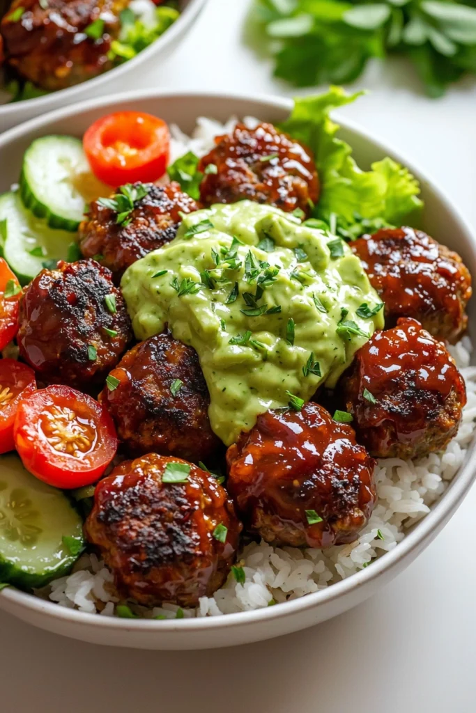 Barbecue Meatball Bowls with Avocado Goddess Sauce