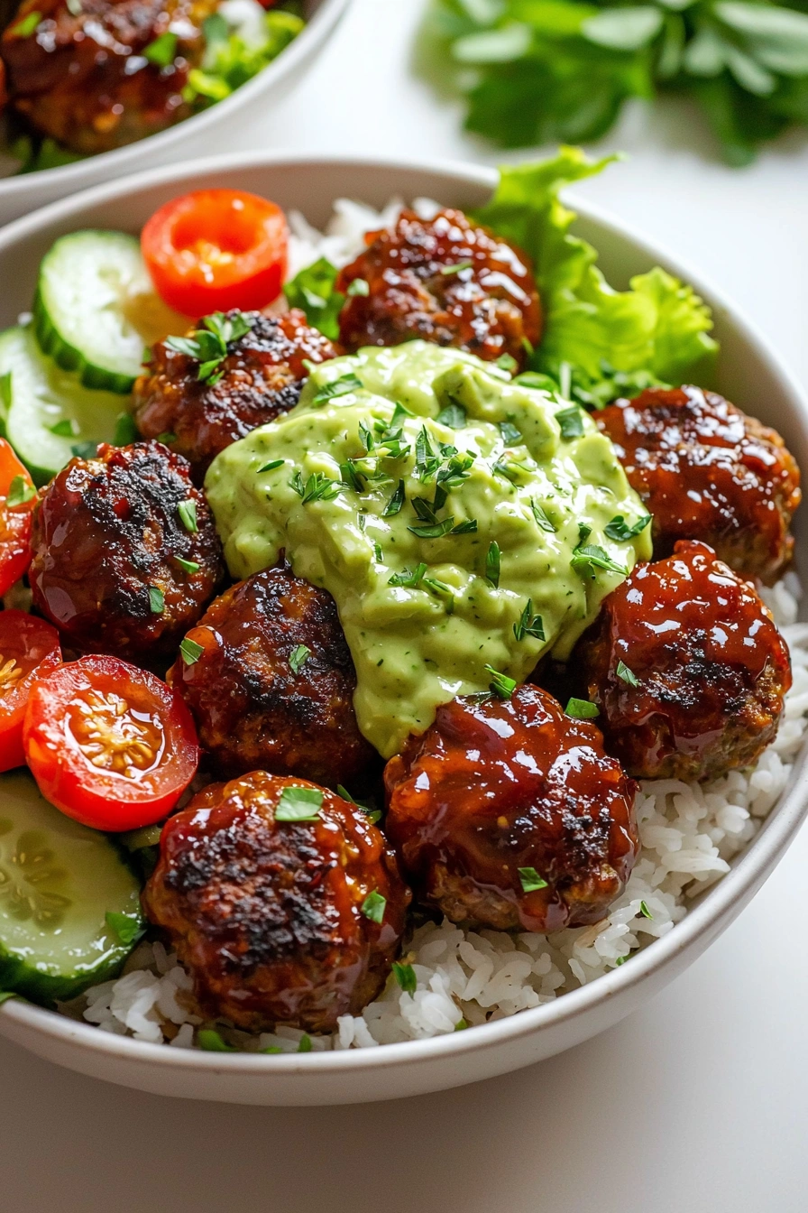 Barbecue Meatball Bowls with Avocado Goddess Sauce
