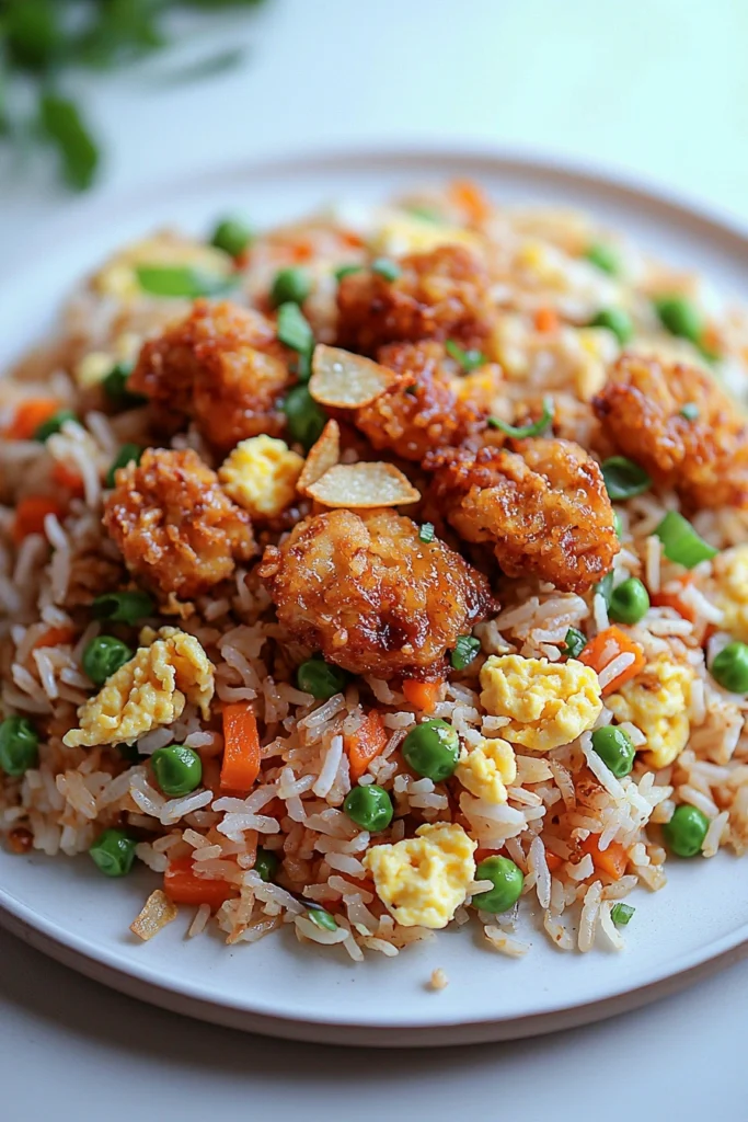 High Protein Crispy Garlic Chicken Fried Rice