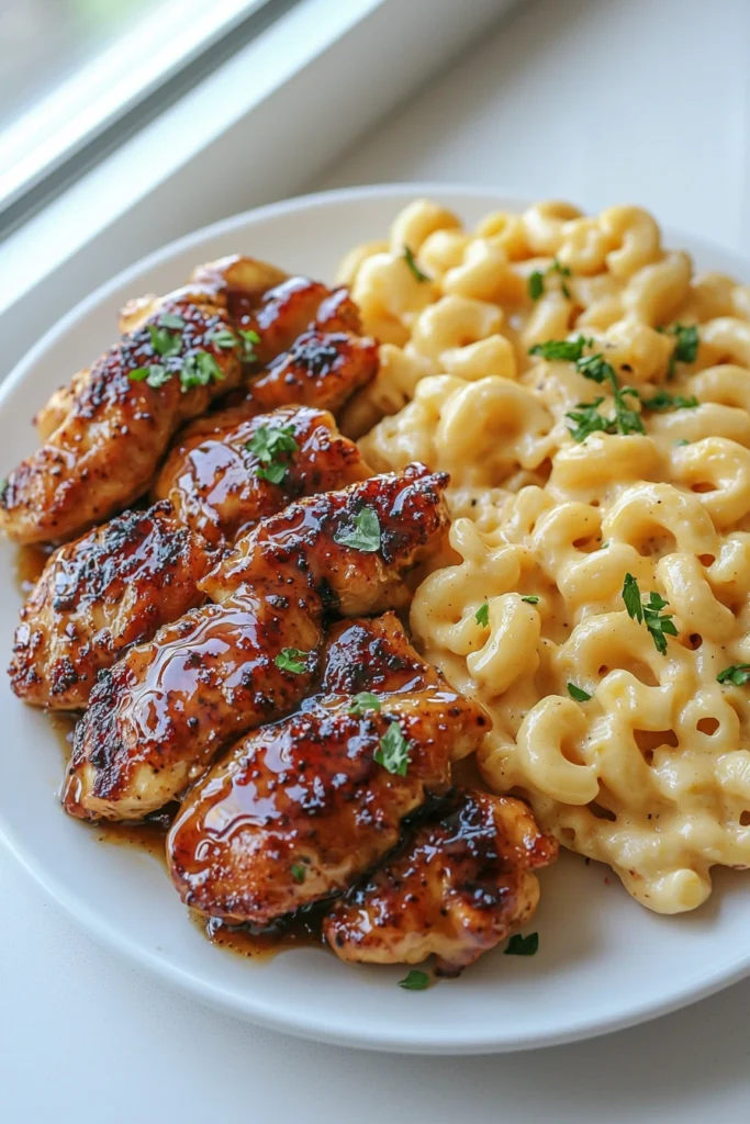 High Protein Honey Garlic Butter Chicken with Mac & Cheese