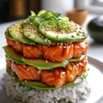 Teriyaki Salmon Avocado Rice Stack