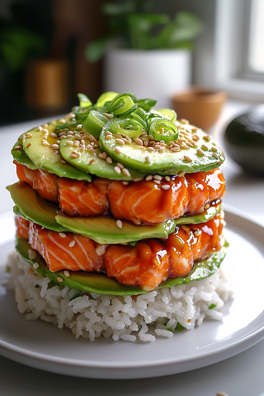Teriyaki Salmon Avocado Rice Stack